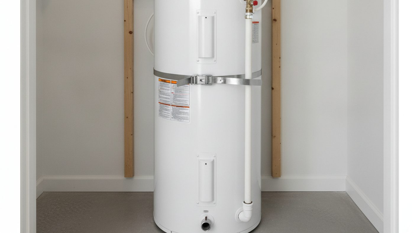 A newly installed white tank water heater in a clean utility closet with a seismic strap and new relief valve discharge pipe