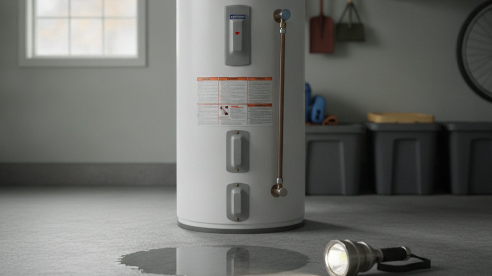 Residential tank water heater in a garage with a small puddle of water at its base and a flashlight on the floor beside it