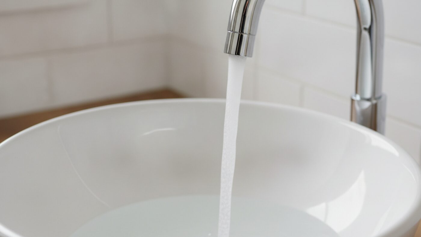 Close-up of a chrome bathroom faucet with a small aerator at the spout and a steady, even stream of water