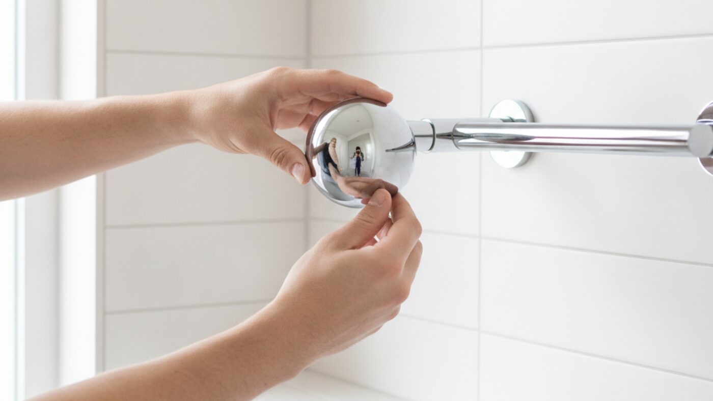 Hands fitting a new chrome showerhead onto a shower arm, with a roll of thread seal tape on the tile ledge