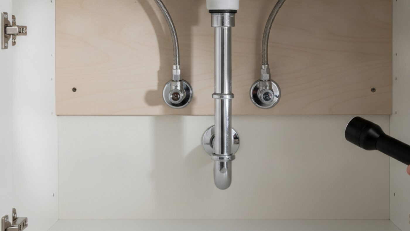 Open bathroom vanity cabinet showing chrome angle-stop shutoff valves and braided stainless steel supply lines under the sink