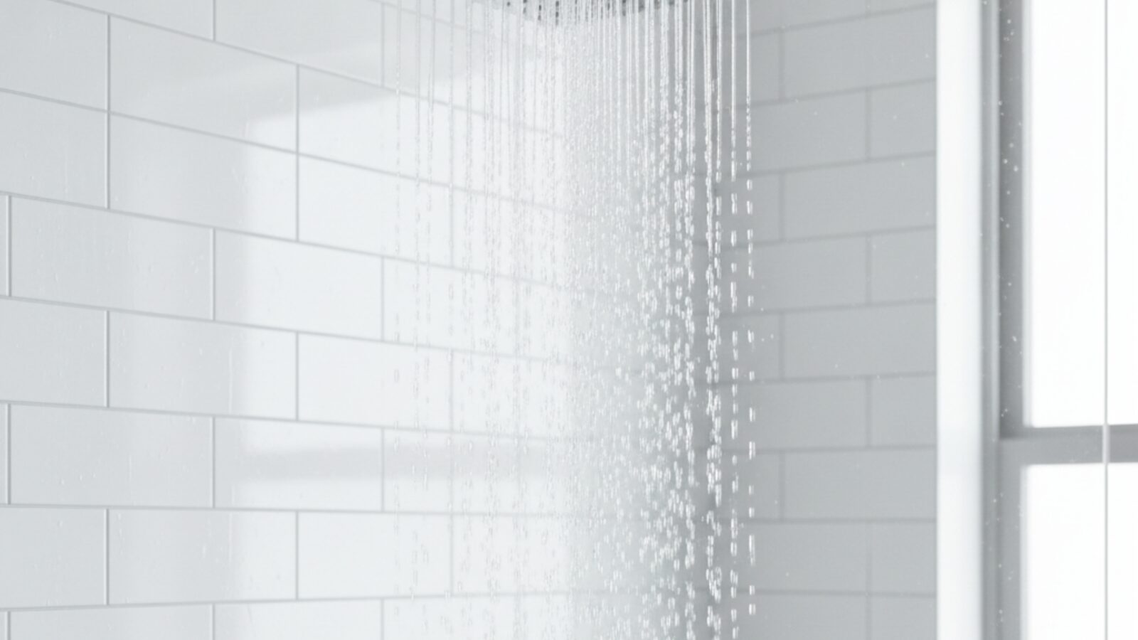Modern square chrome showerhead running a steady, even spray in a bright white tiled shower