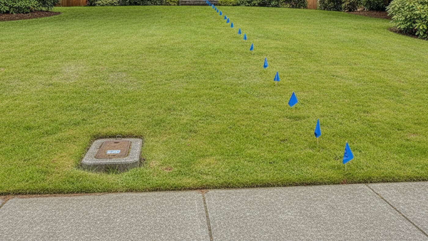 Front yard with a water meter box at the property line and a row of blue marking flags tracing the buried service line to the house