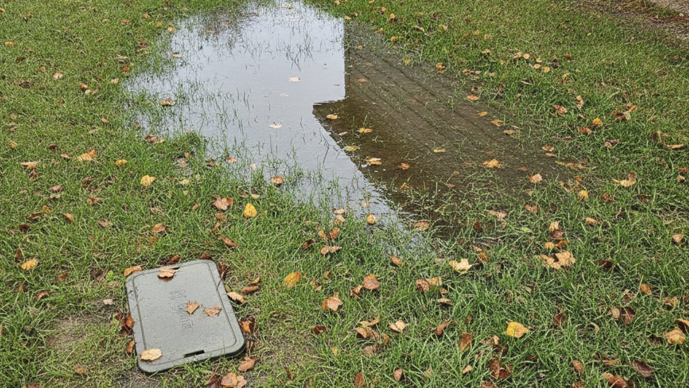 Soft, water-logged strip of lawn between a meter box and a house foundation after an Oregon rain
