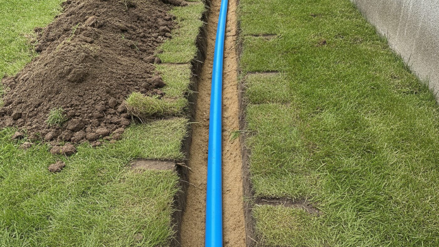 Narrow trench running across a front yard with new blue polyethylene water service pipe laid in the bottom ready for backfill