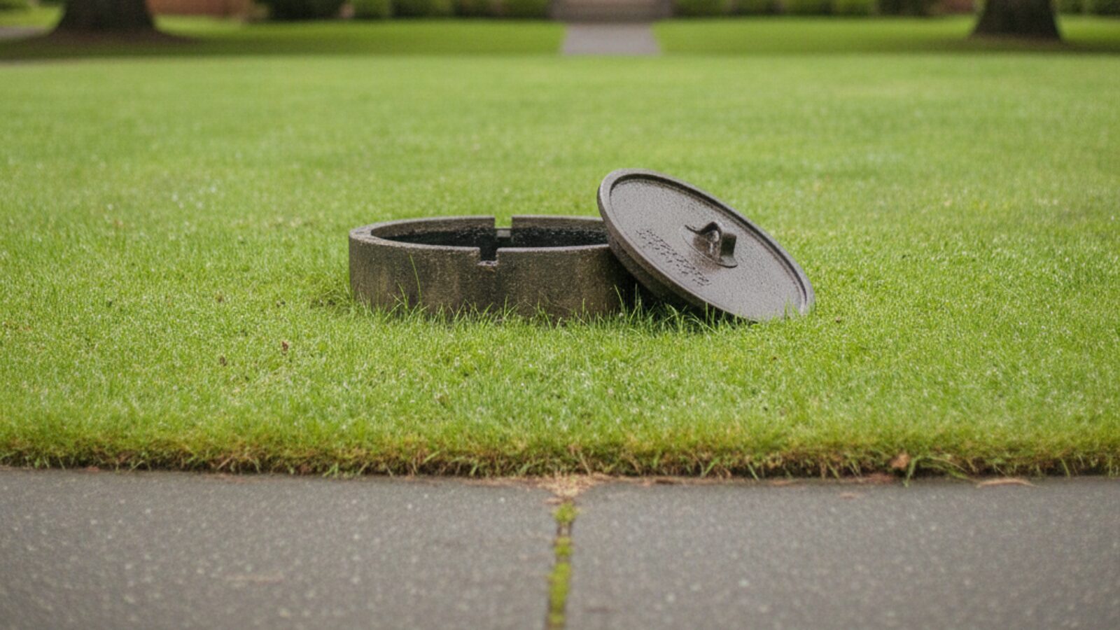 Open residential water meter box with its lid lifted in a front lawn beside the sidewalk, where the homeowner's service line begins