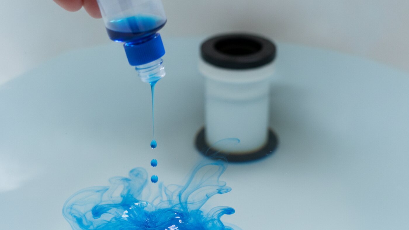 Hand adding drops of blue food colouring to the water in an open toilet tank for a dye test