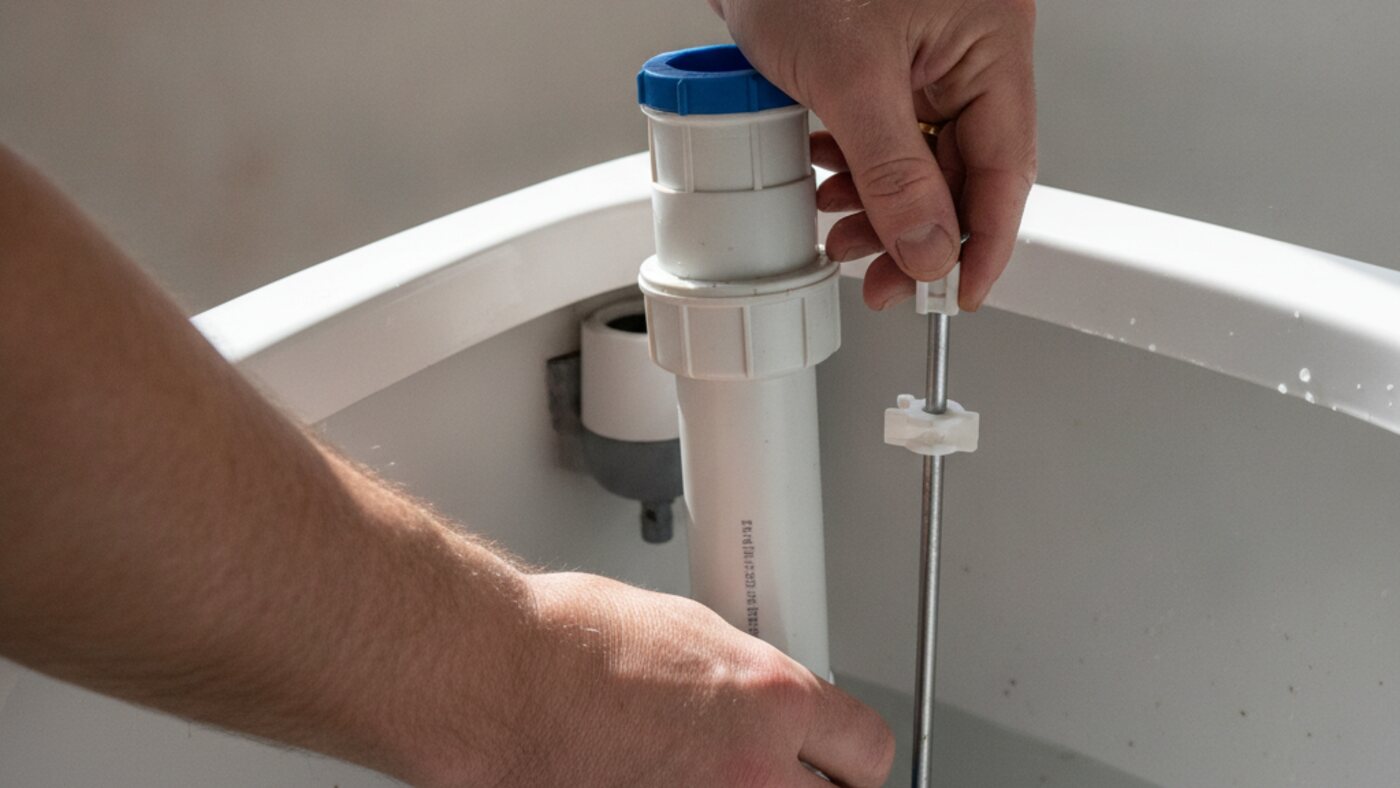 Plumber's hands adjusting the float on a toilet fill valve inside an open tank