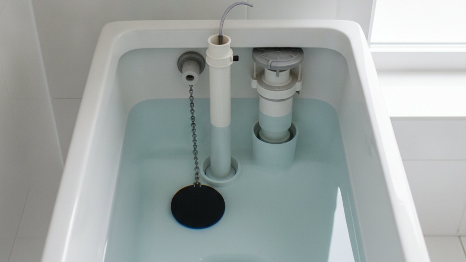 Open toilet tank in a bright bathroom showing the flapper, fill valve and overflow tube with the water level sitting high against the tube