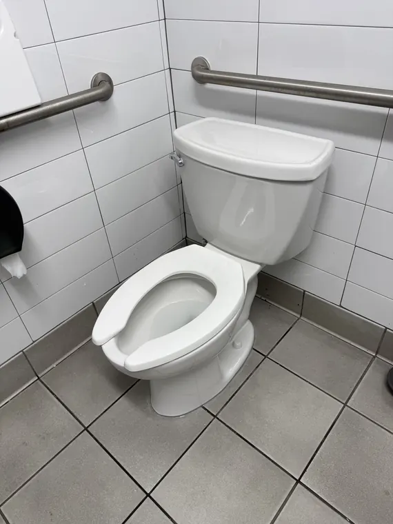 Newly installed toilet with stainless steel grab bars in a tiled accessible bathroom in Hillsboro, Oregon
