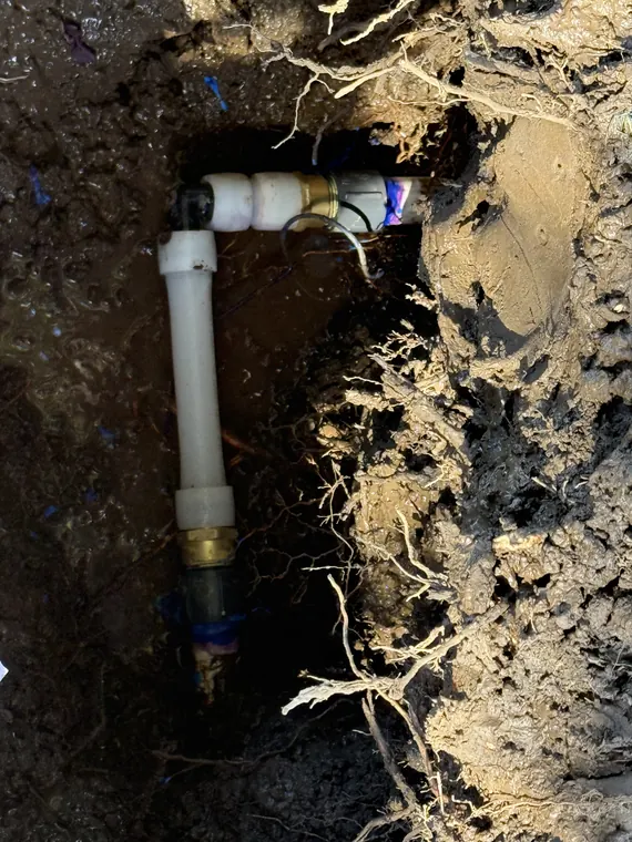 New water line section installed in a deep trench cut through heavy tree roots in Hillsboro, Oregon